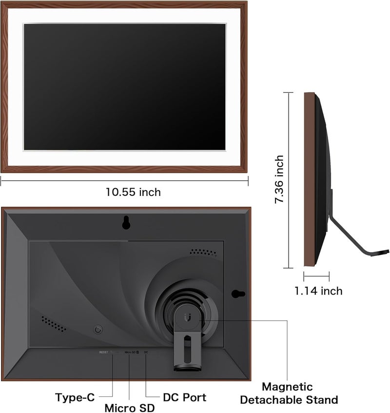FLYRUIT Digital Picture Frame, 10.1'' Frameo Digital Frame Wifi, 1280*800 HD Touch Screen, 32GB Memory, Wall Mountable Digital Photo Frame, Auto-Rotate, Share Instantly, Wedding, Birthday Gifts for Mom, Brown - Image 3